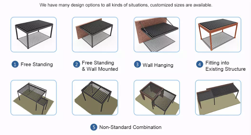 Su geçirmez panjur çatı sistemi kitleri açık moorfirding alüminyum pergola